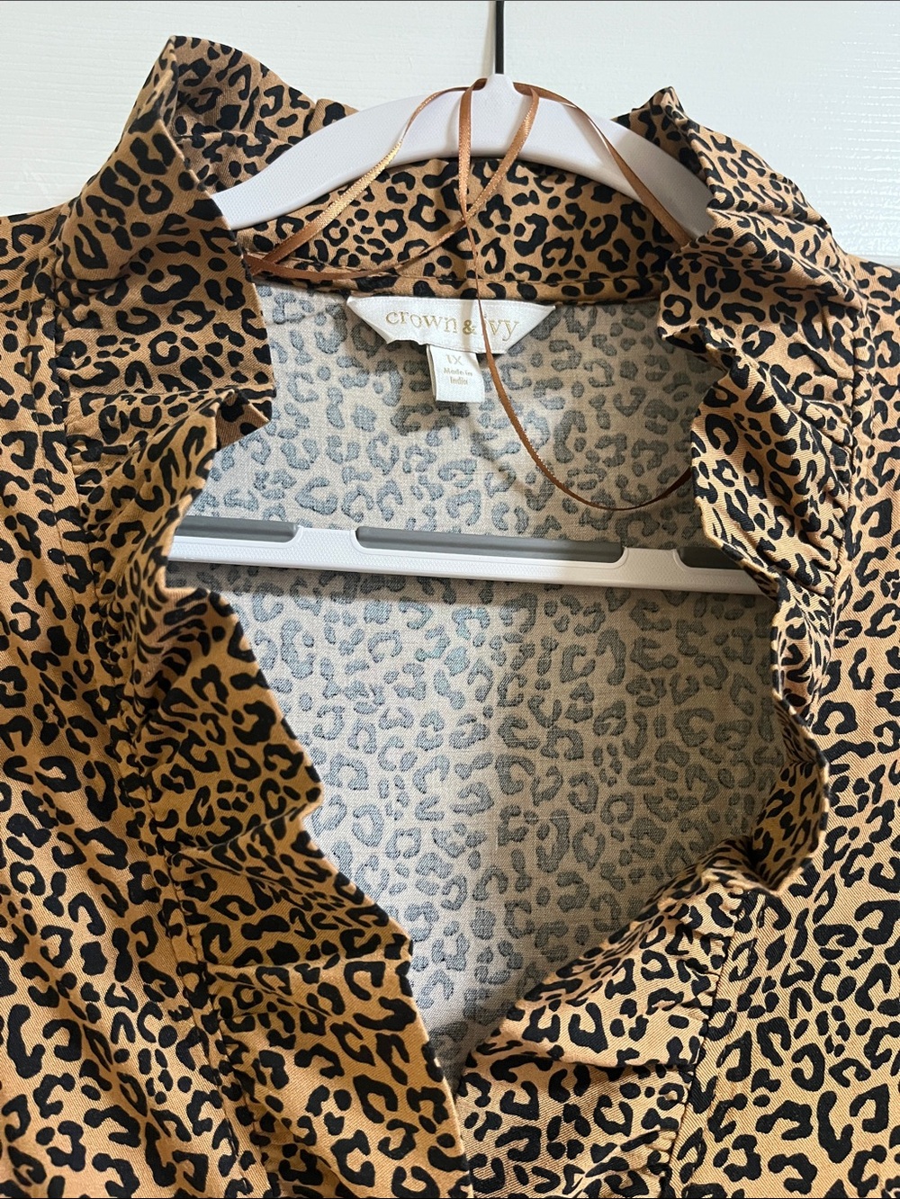 crown & ivy Tan and Black Leopard Ruffle Collar Blouse
